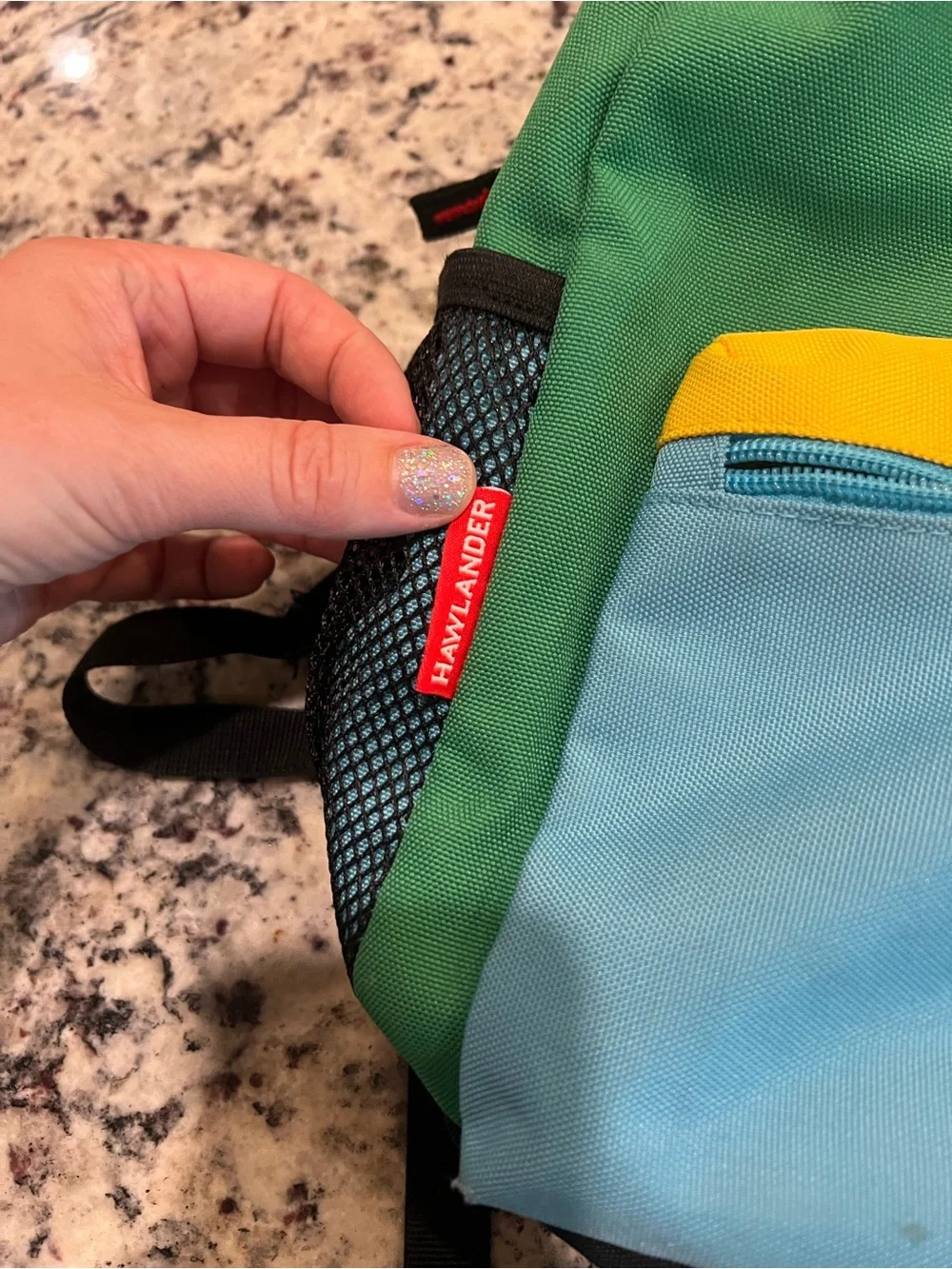(2) Kids Colorblock Backpack in Green & Teal with Light Blue Pocket